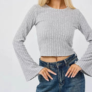Short Cropped Cropped Flared Sleeve Round Neck T-shirt
