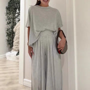 Solid Color Casual Loose Round Neck Wide Leg Pants Women's Suit