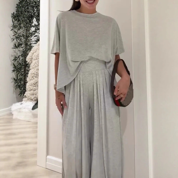 Solid Color Casual Loose Round Neck Wide Leg Pants Women&