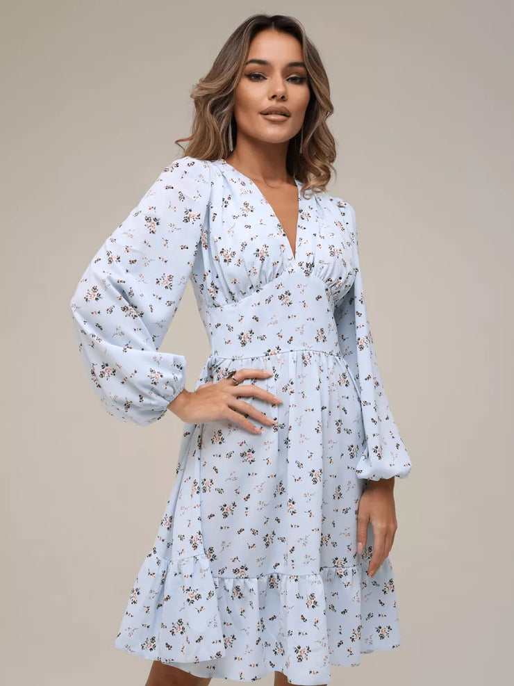 Printed Crimp V-neck Long Dress Women