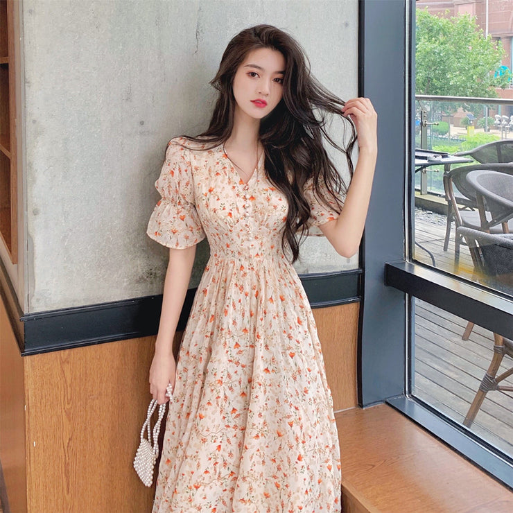 French Style Floral Skirt Puff Sleeve Skirt Long Skirt