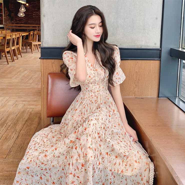 French Style Floral Skirt Puff Sleeve Skirt Long Skirt