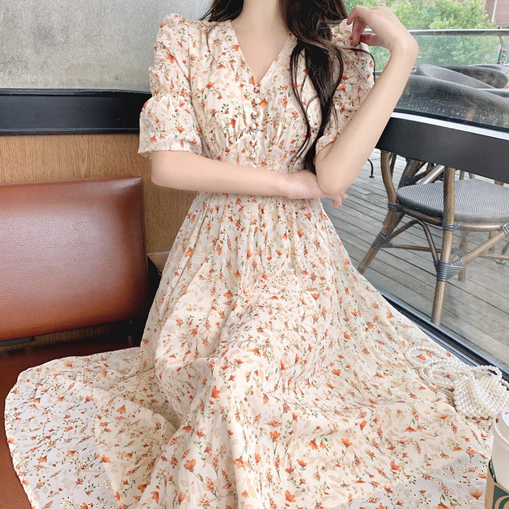 French Style Floral Skirt Puff Sleeve Skirt Long Skirt