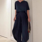 Solid Color Casual Loose Round Neck Wide Leg Pants Women's Suit