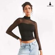 Half Turtleneck Gauzy Stitching T-shirt Top