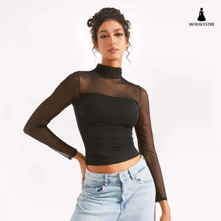 Half Turtleneck Gauzy Stitching T-shirt Top