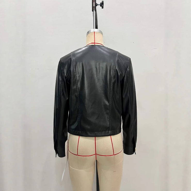 Round Neck Metal Buckle Embellished Short PU Leather Jacket