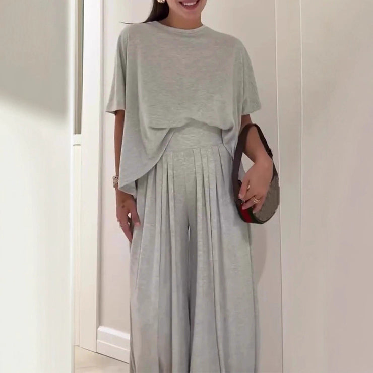 Solid Color Casual Loose Round Neck Wide Leg Pants Women&