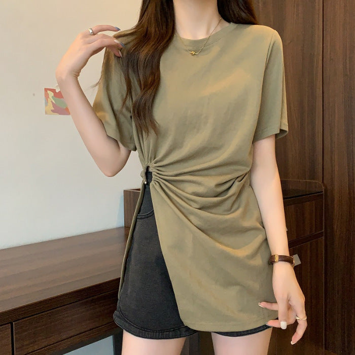 Cotton Irregular Split Short-sleeved T-shirt Women&