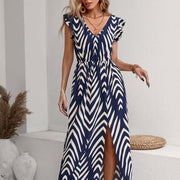 Printed Front Slit Waist V-neck Women's Elegant Dress