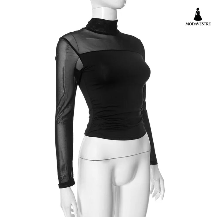 Half Turtleneck Gauzy Stitching T-shirt Top