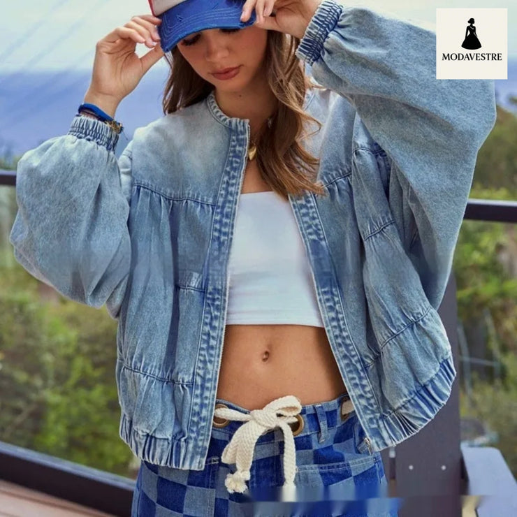 Washed Loose Round Neck Zipper Light Blue European And American Denim Jacket