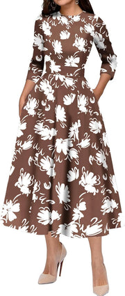 Slim Fit Waist Retro Printed Dress Women With Pockets