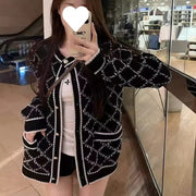 Rhombus Sweater Coat Women's Mid-length Gray Knitted Cardigan