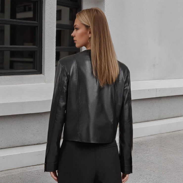 Round Neck Metal Buckle Embellished Short PU Leather Jacket