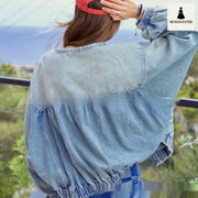 Washed Loose Round Neck Zipper Light Blue European And American Denim Jacket