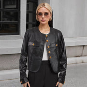 Round Neck Metal Buckle Embellished Short PU Leather Jacket