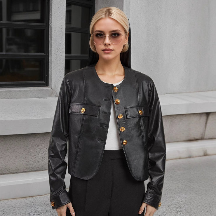 Round Neck Metal Buckle Embellished Short PU Leather Jacket