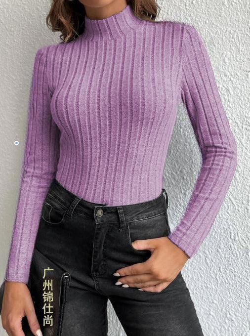 Half Turtleneck Sunken Stripe Brushed Soft Warm Sweater
