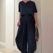 Solid Color Casual Loose Round Neck Wide Leg Pants Women's Suit