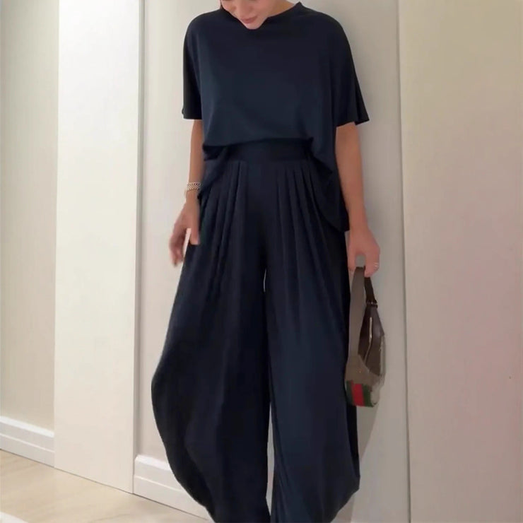 Solid Color Casual Loose Round Neck Wide Leg Pants Women&