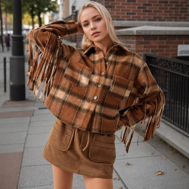 New French Style Retro Plaid Slit Opening Tassel Coat