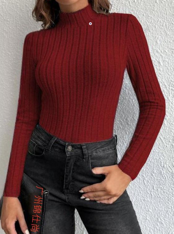 Half Turtleneck Sunken Stripe Brushed Soft Warm Sweater