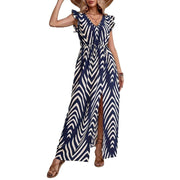 Printed Front Slit Waist V-neck Women's Elegant Dress