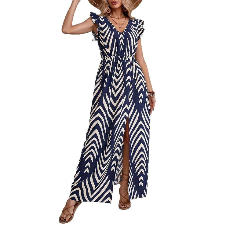 Printed Front Slit Waist V-neck Women&