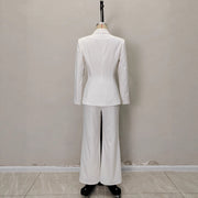 Metal Decorative Strip Embellished Design Trousers Slim Fit Long-sleeve Suit