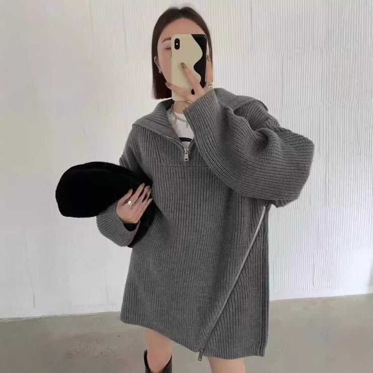 Lazy Wind Relaxed Design Zipper Turtle Neck