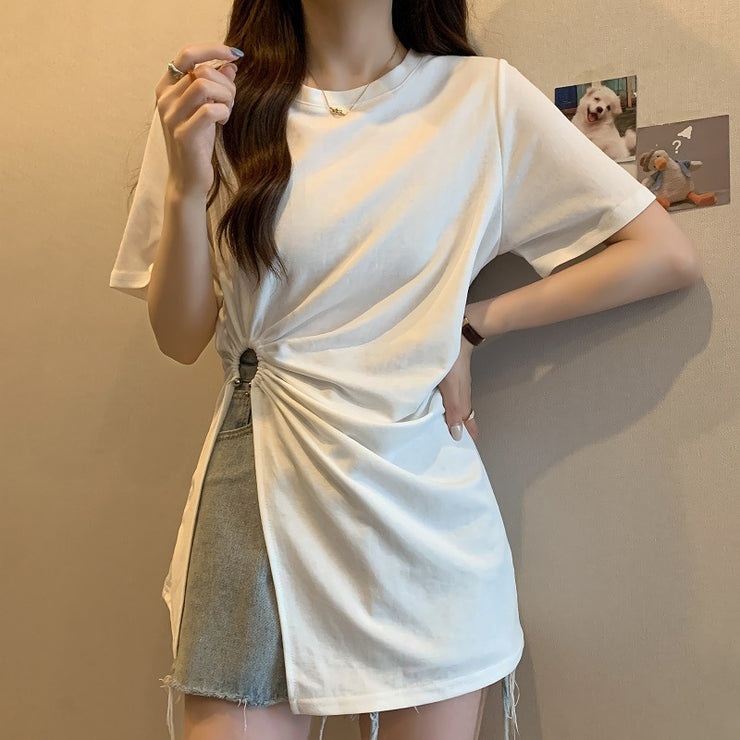 Cotton Irregular Split Short-sleeved T-shirt Women&