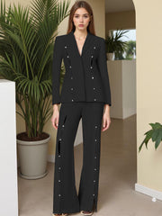 Metal Decorative Strip Embellished Design Trousers Slim Fit Long-sleeve Suit