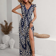 Printed Front Slit Waist V-neck Women's Elegant Dress