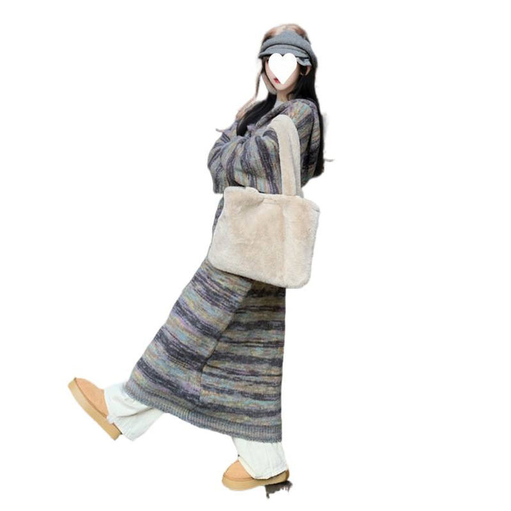 Retro Contrast Color Striped Hooded Sweater For Women
