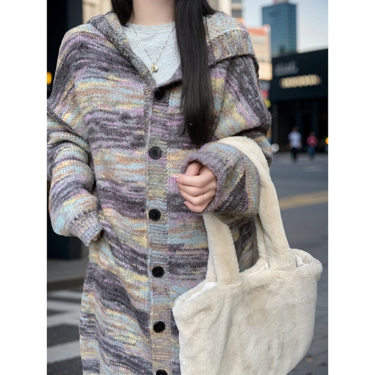 Retro Contrast Color Striped Hooded Sweater For Women