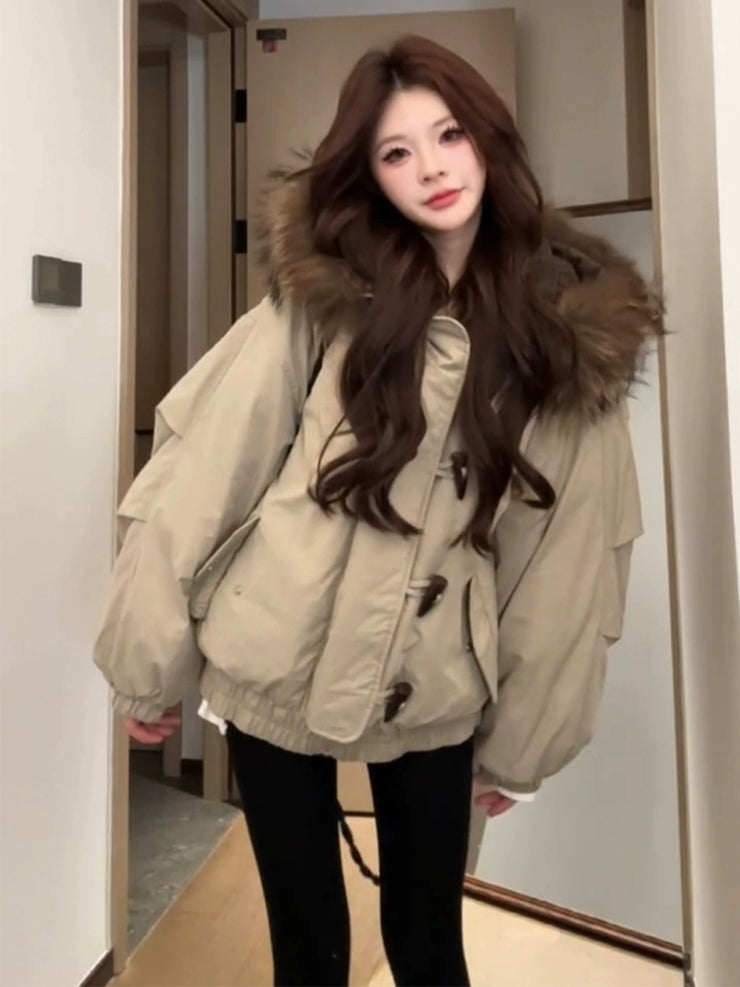 Retro Big Fur Collar Hooded Cotton Jacket Women&
