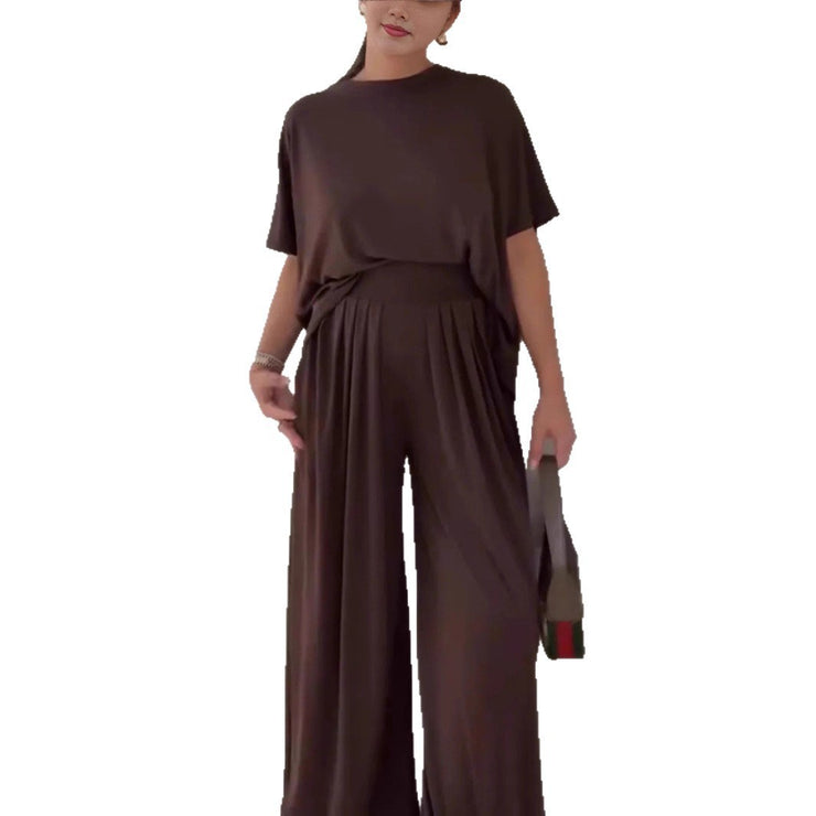 Solid Color Casual Loose Round Neck Wide Leg Pants Women&