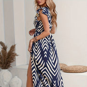 Printed Front Slit Waist V-neck Women's Elegant Dress
