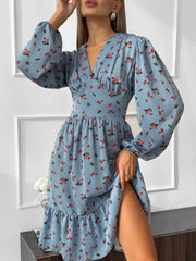 Printed Crimp V-neck Long Dress Women