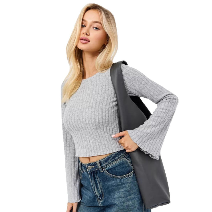 Short Cropped Cropped Flared Sleeve Round Neck T-shirt
