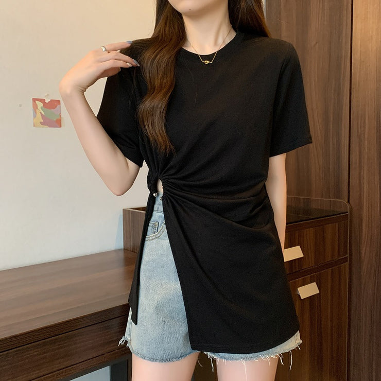Cotton Irregular Split Short-sleeved T-shirt Women&