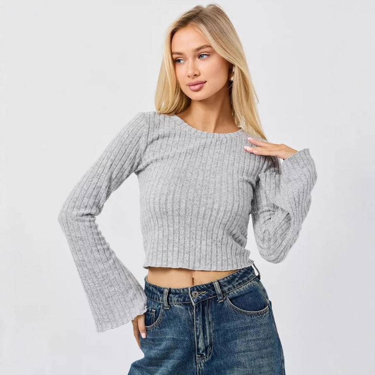 Short Cropped Cropped Flared Sleeve Round Neck T-shirt