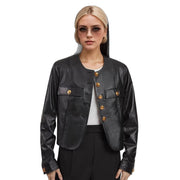 Round Neck Metal Buckle Embellished Short PU Leather Jacket