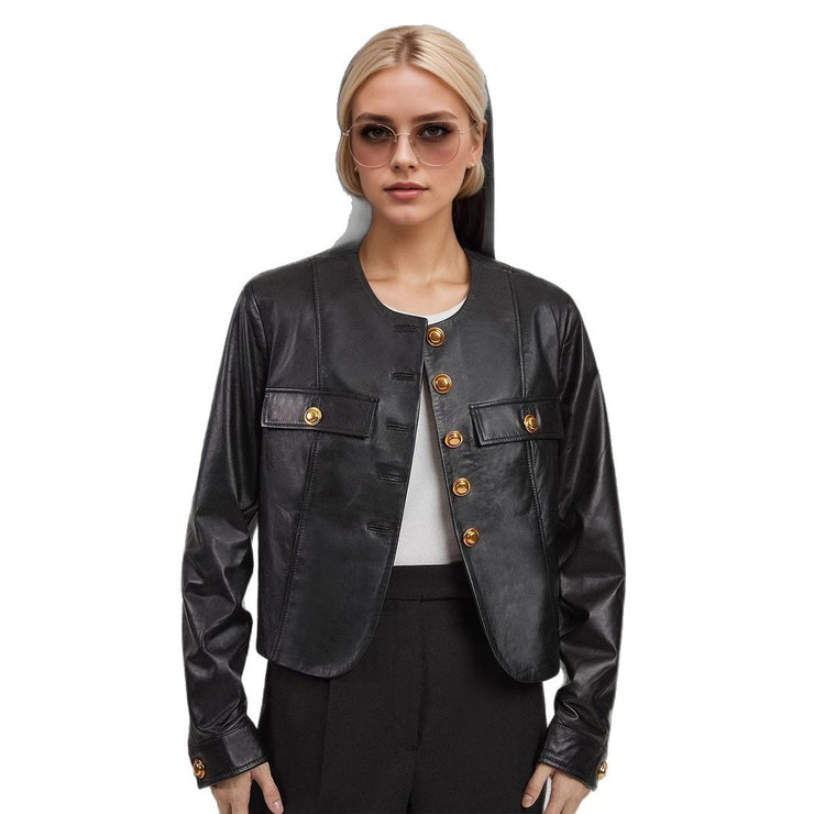 Round Neck Metal Buckle Embellished Short PU Leather Jacket