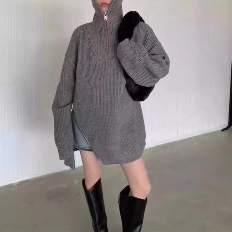 Lazy Wind Relaxed Design Zipper Turtle Neck