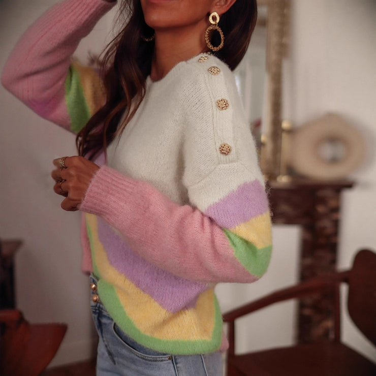Elegant Holiday Round Neck Shoulder Button Striped Colored Pullover Sweater