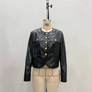 Round Neck Metal Buckle Embellished Short PU Leather Jacket
