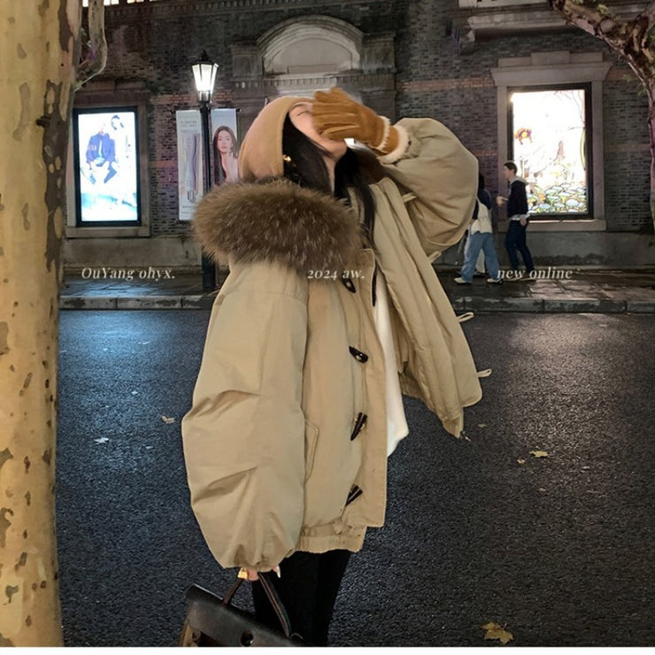 Retro Big Fur Collar Hooded Cotton Jacket Women&