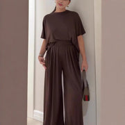 Solid Color Casual Loose Round Neck Wide Leg Pants Women's Suit